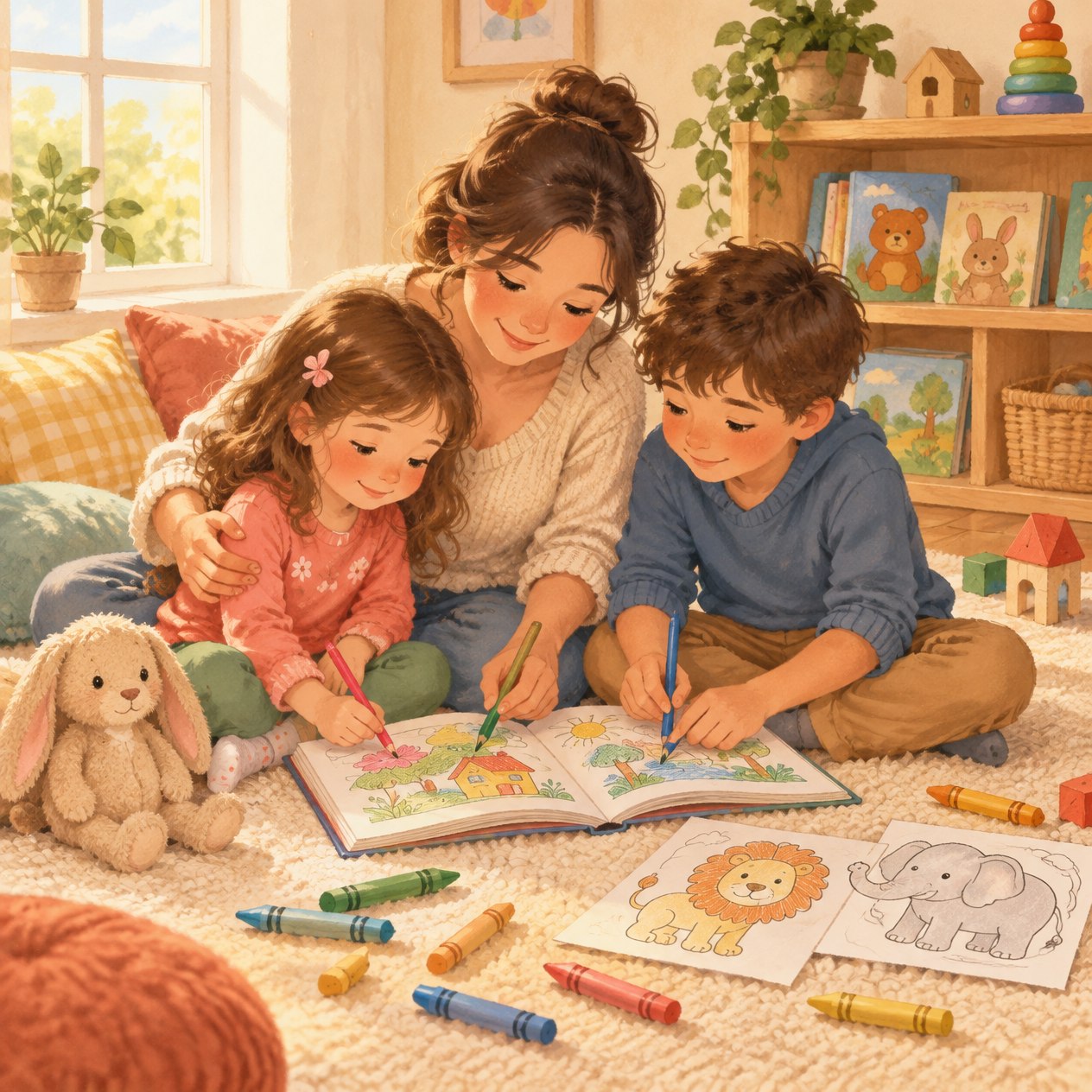 Una madre coloreando junto a sus dos hijos un libro infantil con crayones, sentados en el suelo de un salón luminoso