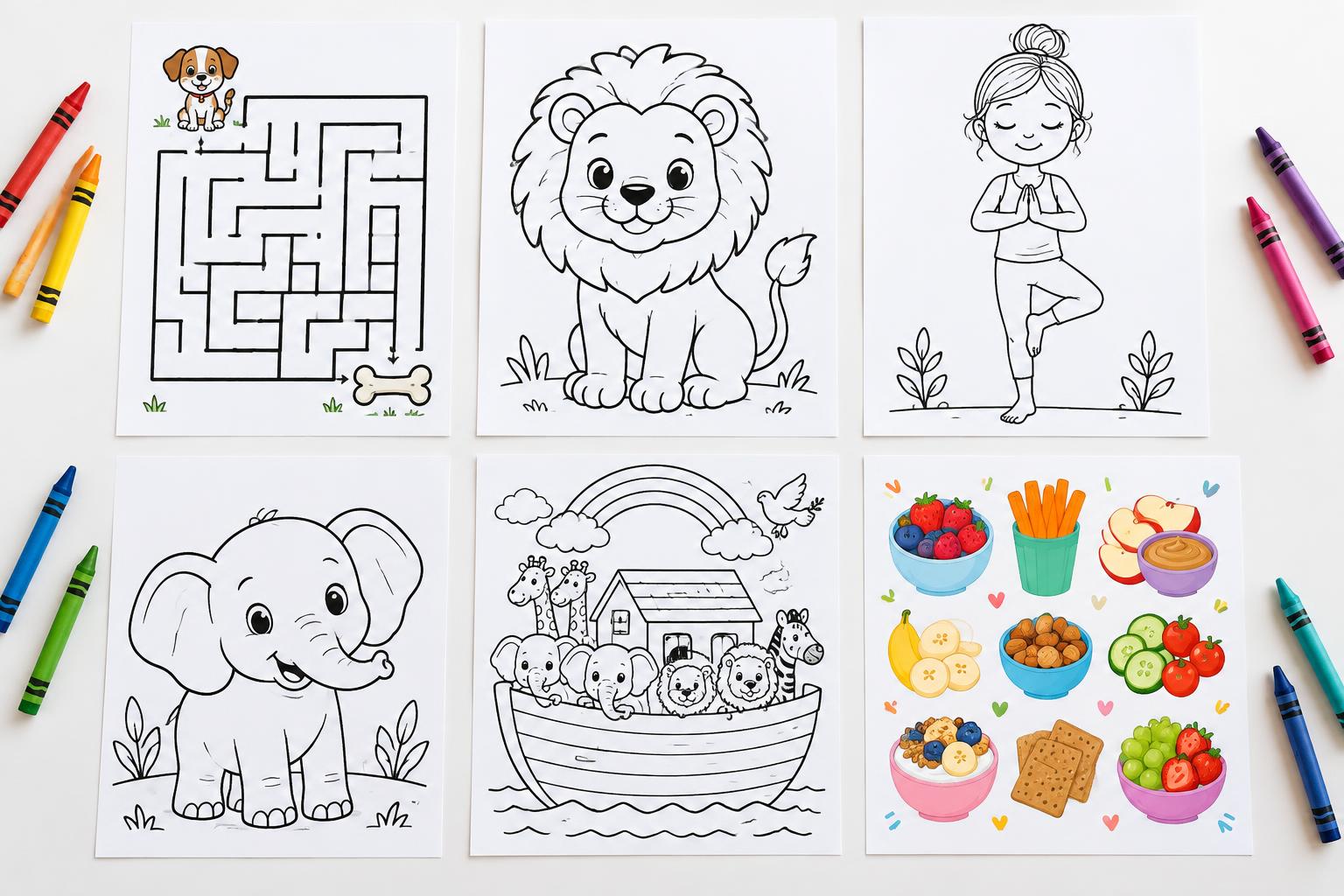 Ejemplos ilustrativos de páginas imprimibles: laberinto, león y elefante para colorear, postura de yoga, arca de Noé e ideas de meriendas